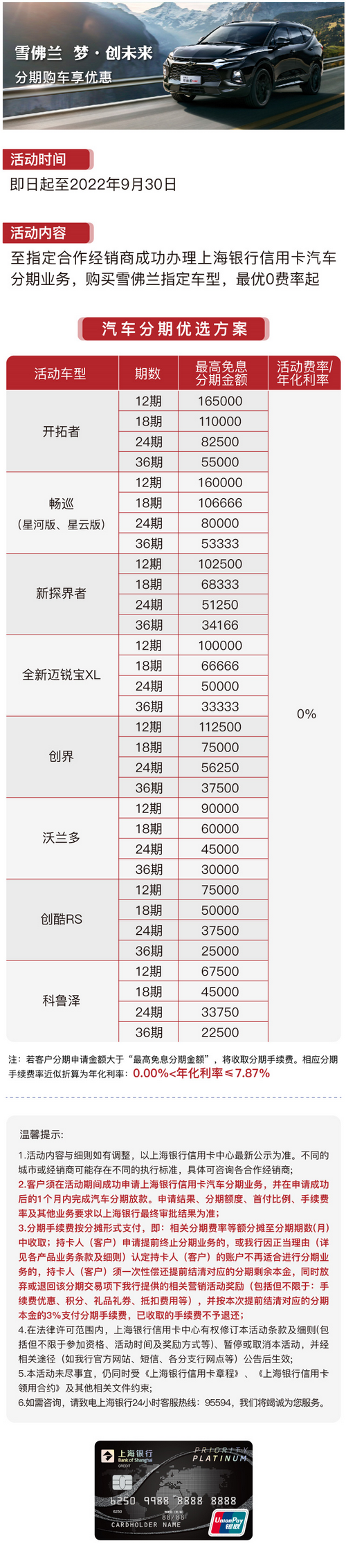 上海银行信用卡分期 雪佛兰分期购车享优惠